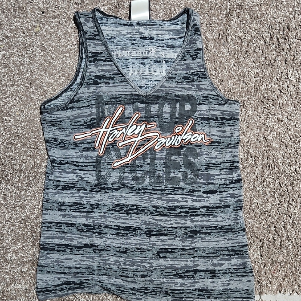 Harley-Davidson Black and Gray Striped V-Neck Tank
